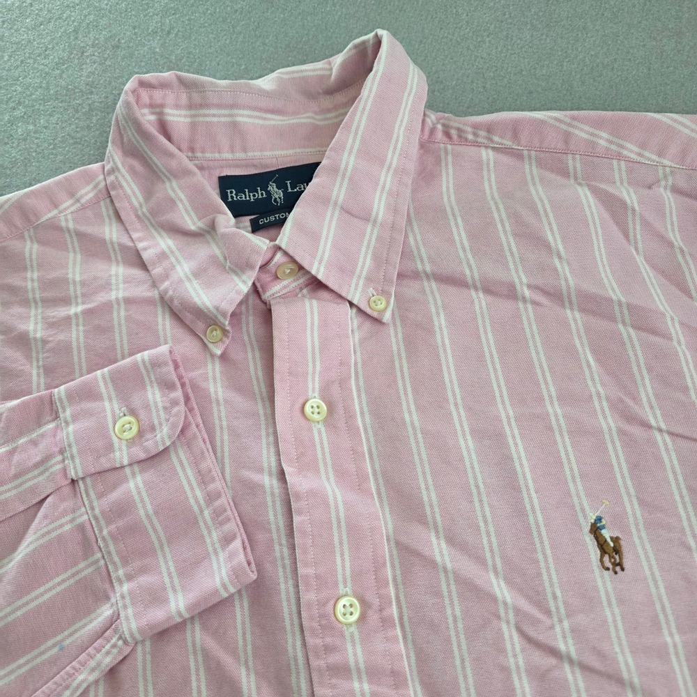 Ralph Lauren Mens Custom Fit Pink White Striped Oxford Shirt XL Long Sleeve